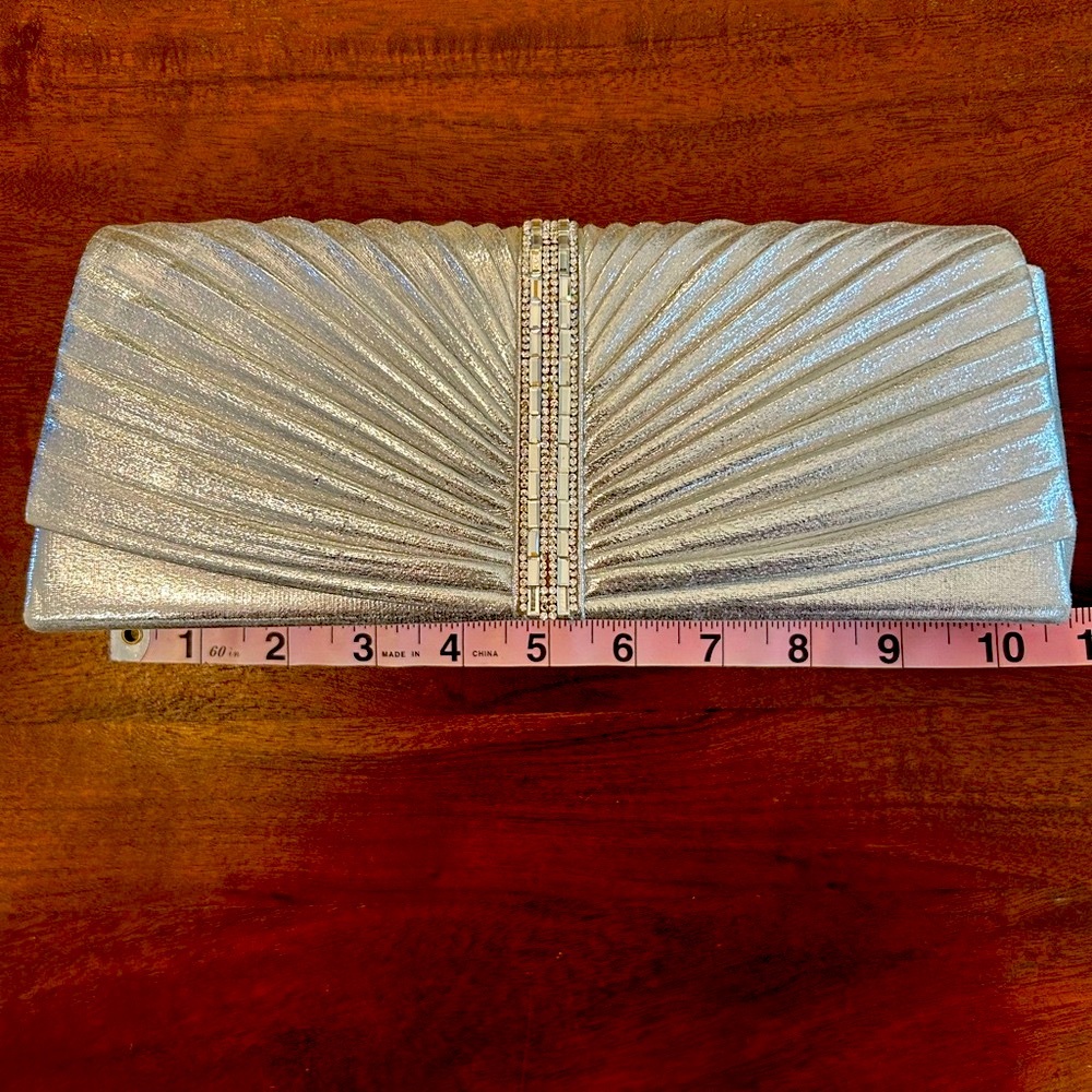 Silver Pleated Clutch with Rhinestone Detail